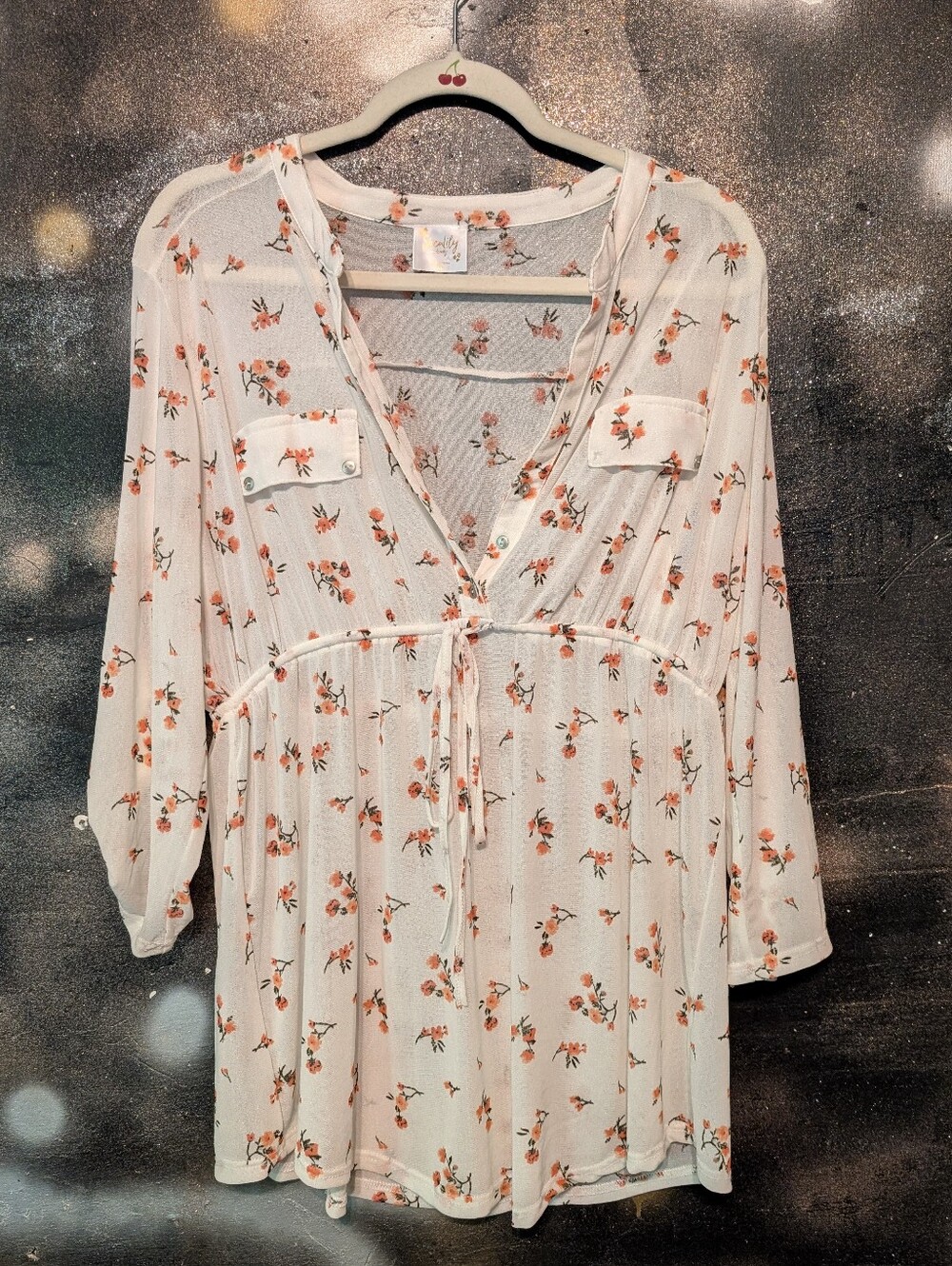 Floral Tie-Front Sheer Blouse - White with Orange Floral